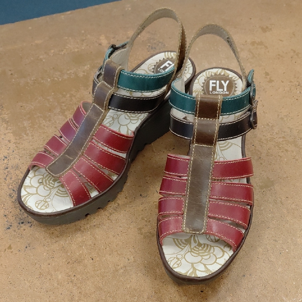 Fly London Multicolor Leather Platform Wedge Sandals - Red, Teal, Brown